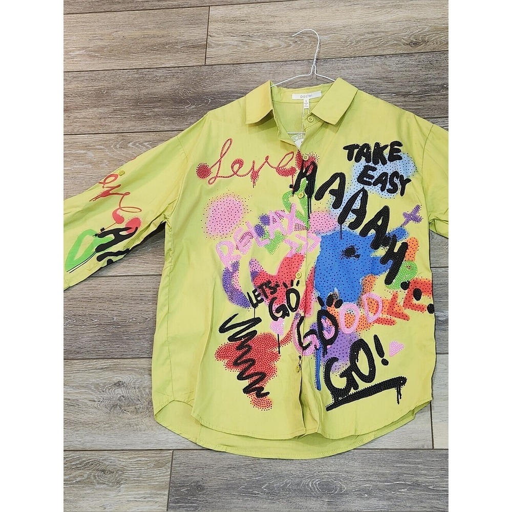 Pastel Lime Green Graffiti Print Button-Up Shirt Size Small